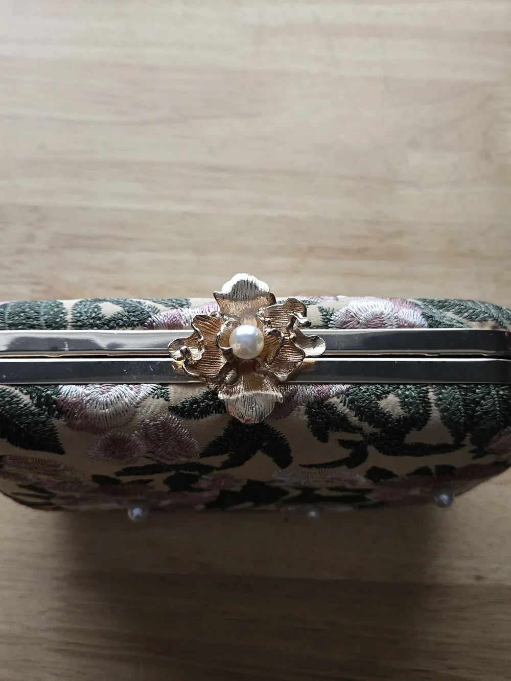 Source Unknown Pink and Green Floral Embroidered Clutch with Pearl Accents